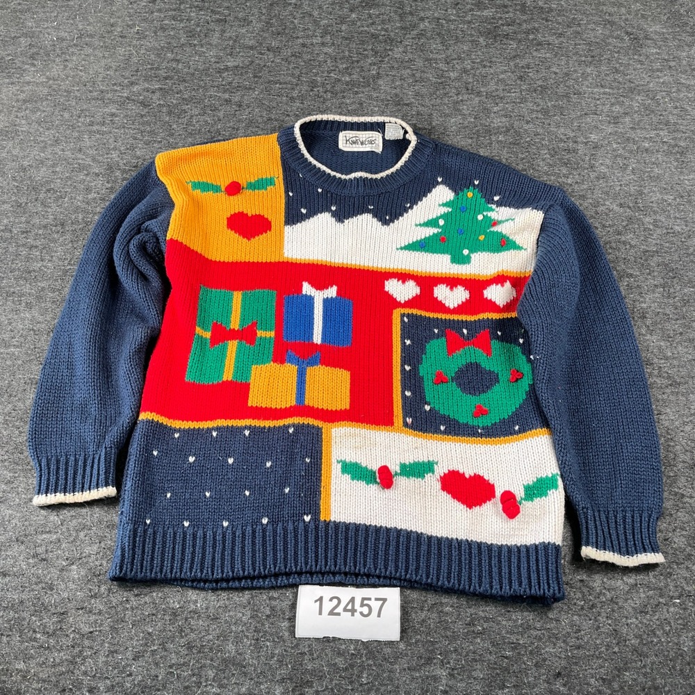 Knitworks Sweater Womens L Blue Excellent Vintage 90s Christmas Patchwork Wreath